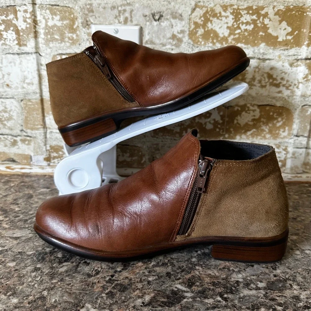 Naot Ankle Boots Womens 37 Brown Good Leather Suede Side Zip Mixed Media Booties